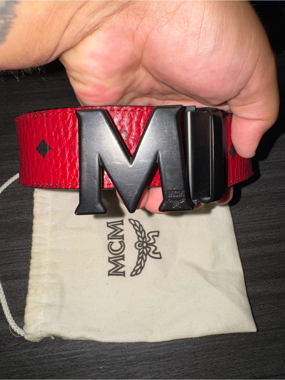 MCM Red Leather Belt with Black M Buckle